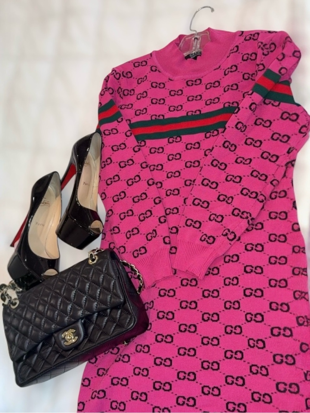 Gucci Hot Pink GG Knit Dress with their iconic stripe.